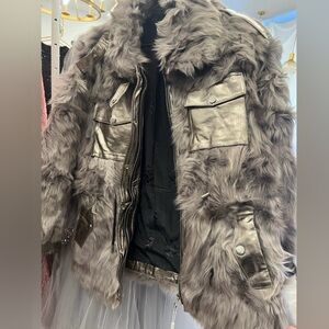 Gray and silver metallic detailing real Fur Women's Jacket